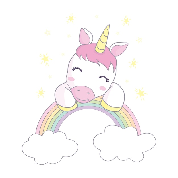 Schöne magische Einhorn auf dem Regenbogen Zeichentrickfigur für Grüßkarten Einladungsplakat