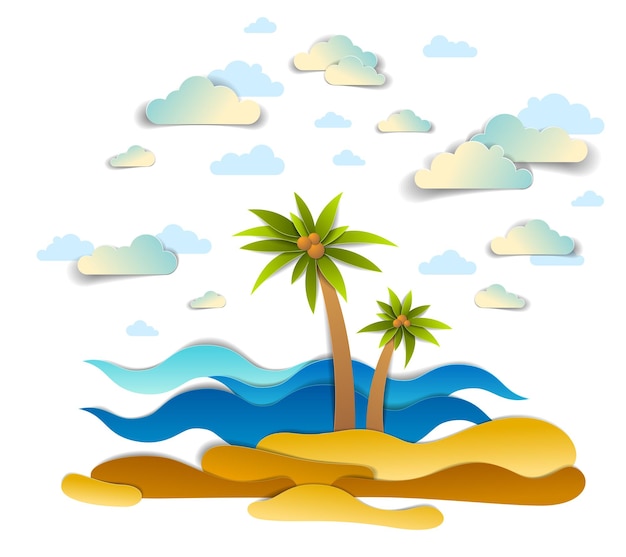 Schöne meereslandschaft mit meereswellen, strand und palmen, wolken am himmel, vektorillustration im papierschnittstil, strandurlaubsthema an der küste.