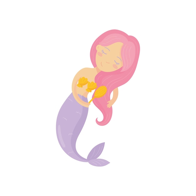 Schöne Meerjungfrau, die ihr langes rosa Haar kämmt Zeichentrickfigur Mädchen mit Schalen-BH und lila Fischschwanz Mythische Unterwasserkreatur Buntes flaches Vektordesign