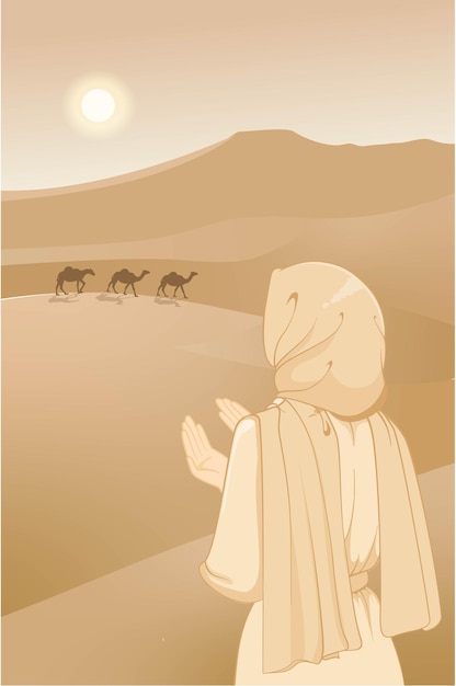 Schöne muslimische hijab-frau, die im ramadan kareem-wüstenplakat-banner betet