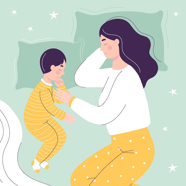 Schöne Mutter und Sohn schlafen im Bett