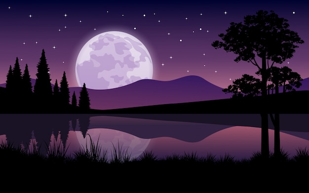 Schöne Nacht am See mit Vollmondaufgang und Sternenhimmel