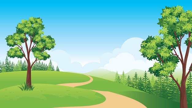 Schöne Naturlandschaft mit Landstraße, Sommerlandschaft mit flachem Stil