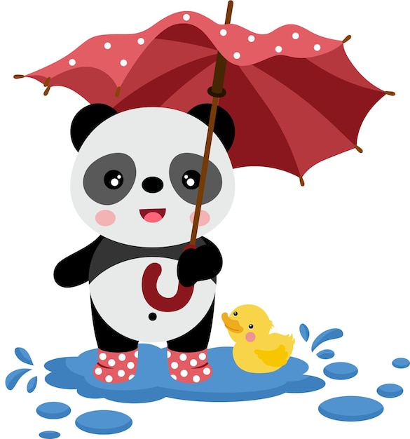 Vektor schöne panda mit stiefeln und gelbe ente mit regenschirm