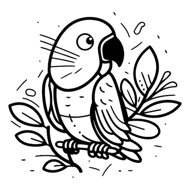 Schöne Papagei mit Blättern Vektorillustration im Doodle-Stil