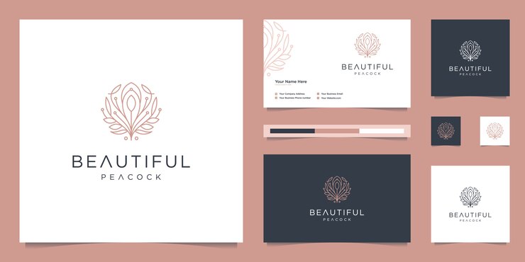 Schöne Pfau- und Visitenkartenschablone des Logoentwurfs. minimalistische Luxus-Modelinien, Schmuck, Salon, Spa.