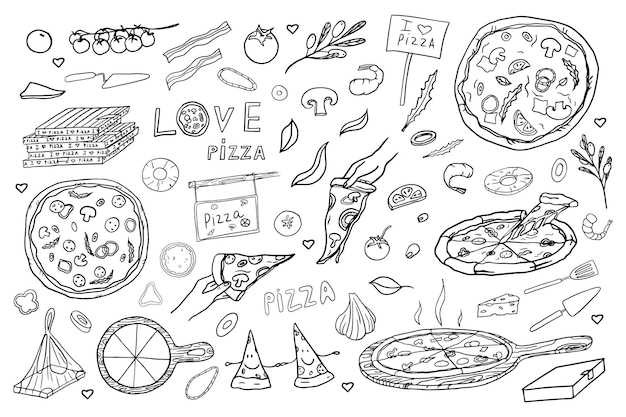 Vektor schöne pizza-set italienische küche pizza-zutaten pizza-scheibe pizza-schachtel ich liebe pizza