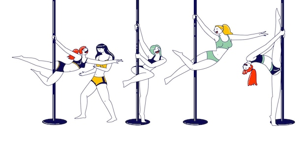 Vektor schöne pole dancer girls, die im studio auftreten und für die striptease-show trainieren. frauenfiguren mit sportlichem bh und shorts-training in verschiedenen posen, hobby. lineare menschen-vektor-illustration