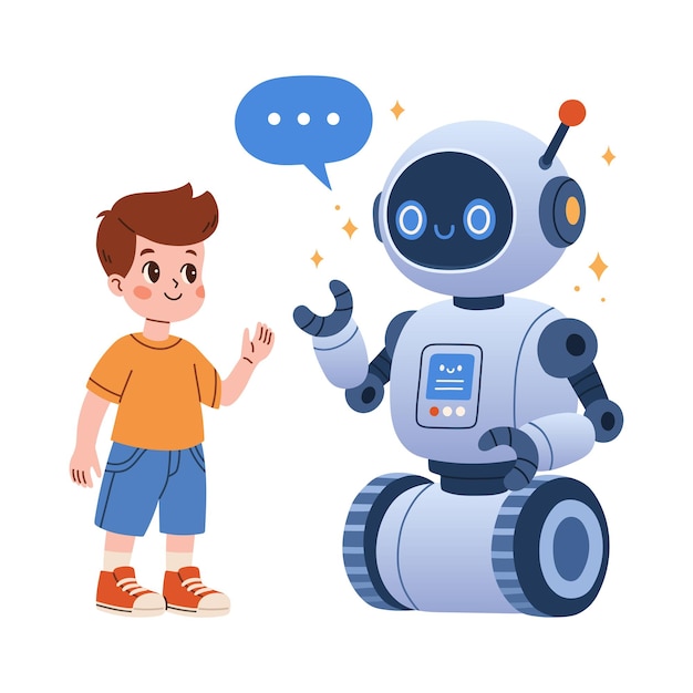 Schöne Roboter- und Jungenkommunikation Cartoon Vektorillustration Wissenschaft Technologie Konzept Isoliert
