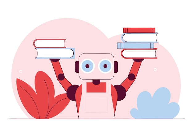 Schöne Roboterfigur mit einem Stapel Bücher Konzept des maschinellen Lernens Vektor flache Illustration