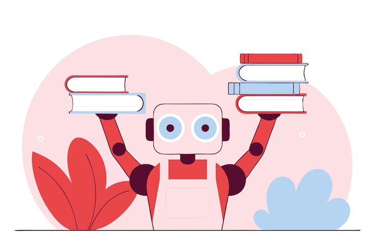 Vektor schöne roboterfigur mit einem stapel bücher konzept des maschinellen lernens vektor flache illustration