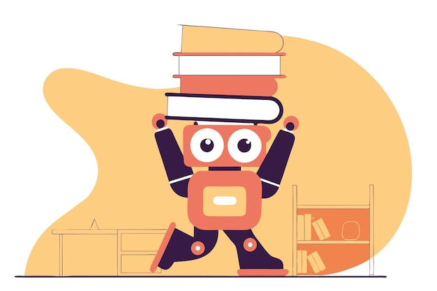 Schöne Roboterfigur mit einem Stapel Bücher Konzept des maschinellen Lernens Vektor flache Illustration