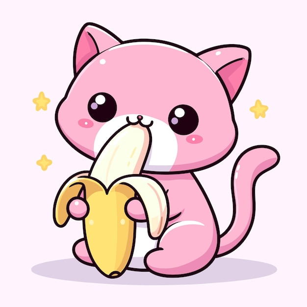 Schöne rosa kätzchen isst eine banane im zeichentrickfilm-stil vektor-iustration