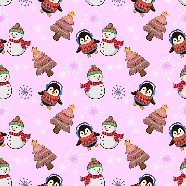 Vektor schöne schneemann und pinguin mit weihnachtsbaum nahtloses muster für stoff textil tapeten geschenkverpackung papier
