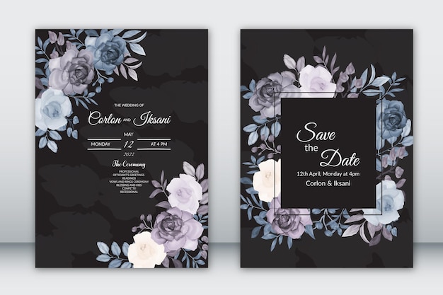 Schöne schwarze florale hochzeitseinladungskartenvorlage mit aquarell-premium-vektor