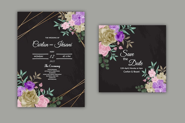 Schöne schwarze florale hochzeitseinladungskartenvorlage mit aquarell-premium-vektor