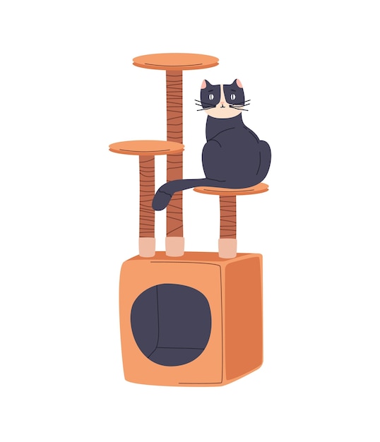 Schöne schwarze Kätzchen sitzt auf der Spitze des Katzenbaums Möbel für Haustiere Haustierhaus mit Pfosten zum Kratzen Klettern Kätzchen Spielplatz flache isolierte Vektorillustration auf weißem Hintergrund