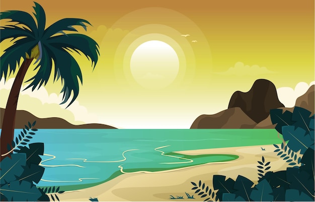 Schöne Sonnenuntergang-Strand-Meer-Ferien-Feiertags-tropische Vektor-Illustration