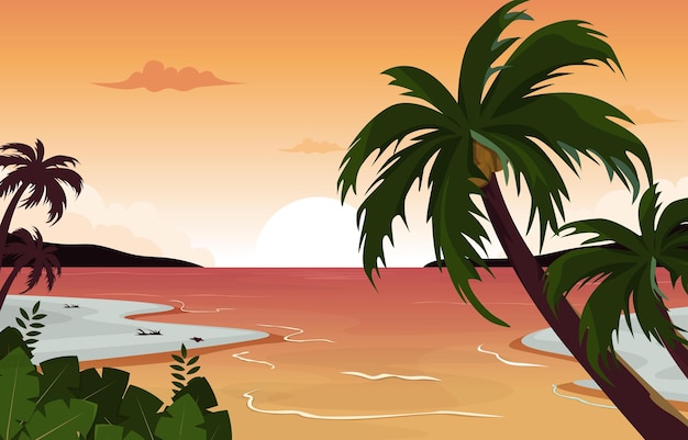 Schöne Sonnenuntergang-Strand-Meer-Ferien-Feiertags-tropische Vektor-Illustration