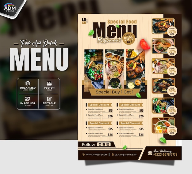 Schöne Speisen- und Getränkemenu-Flyer-Design-Vorlage für Ihr Restaurantgeschäft