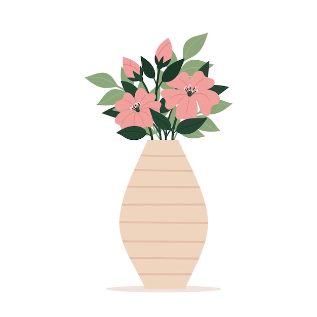 Vektor schöne stilvolle vase mit einem blumenstrauß. grußkarte. muttertag, internationaler frauentag, geburtstag. flache vektorillustration des frühlinges lokalisiert auf weißem hintergrund.