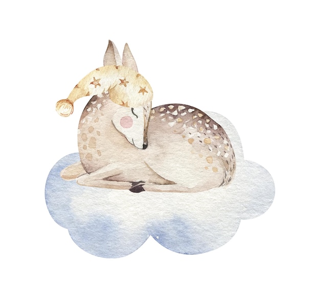 Schöne träumende Zeichentrickfilme Hirsch Tier handgezeichnete Aquarell-Illustration
