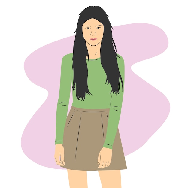 Schöne und niedliche weibliche Figur mit T-Shirt und Minirock Flache Cartoon-Vektorillustration