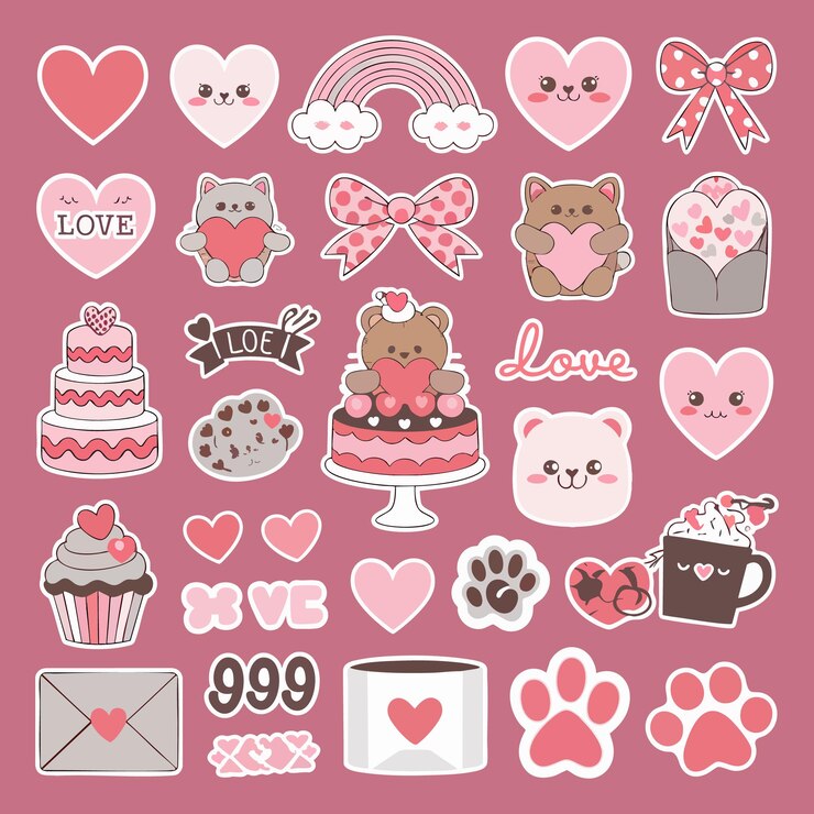 Schöne Valentinstags-Aufkleber mit Herzen, Tieren und Süßigkeiten
