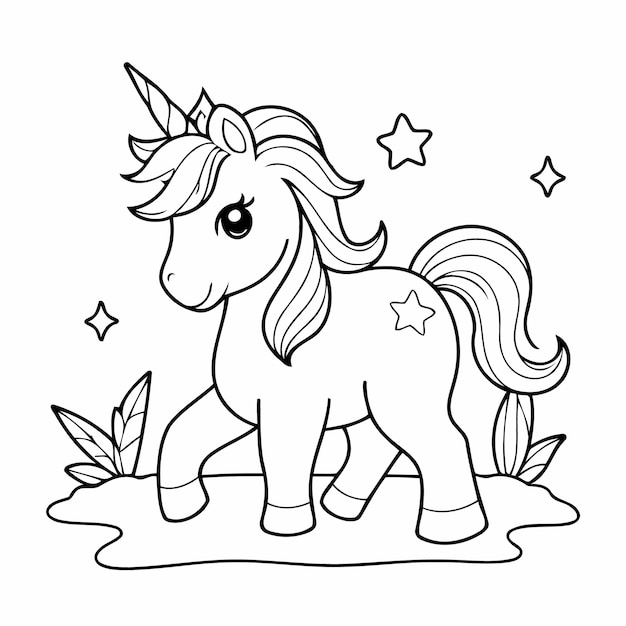 Schöne Vektor-Illustration Einhorn-Droodle schwarz-weiß für Kinder-Seite