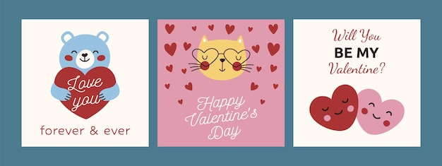 Schöne Vektorkarten mit Wünschen von Liebesherzen und Tieren für den Valentinstag