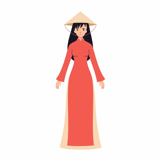 Schöne vietnamesische Frau in traditioneller Kleidung und Kopfbedeckung Menschen in Vietnam Vektorsymbol im flachen Stil Asiatisches Mädchen in langem Kleid