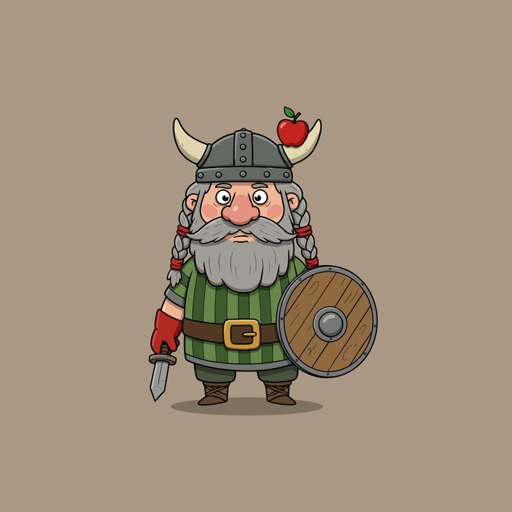 Vektor schöne viking-cartoonfigur mit schild und schwert