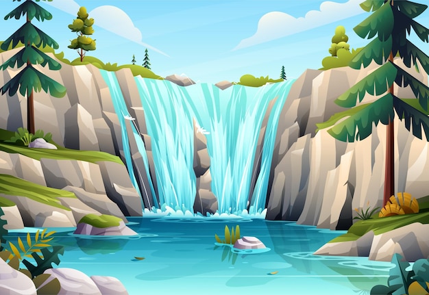 Schöne Wasserfalllandschaft in der Waldlandschaftsvektorillustration