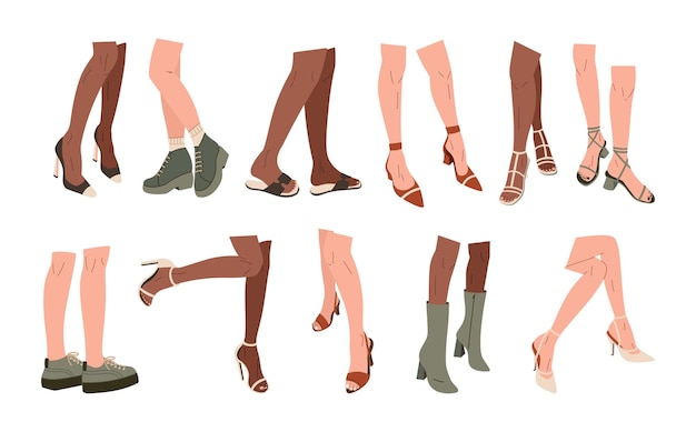 Schöne weibliche beine in modischen schuhen mit vektor-hochsohlen, sneakers, stiefeln und sandalen