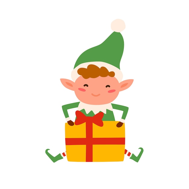 Schöne Weihnachtselfin sitzt mit geschmückter Geschenkkiste Glücklicher kindlicher Weihnachten-Zwerg mit verpackter Geschenkeschachtel Flach-Vektor-Cartoon-Illustration des lustigen Weihnachthelfers in Weihnachtshut mit einem auf Weiß isolierten Geschenk