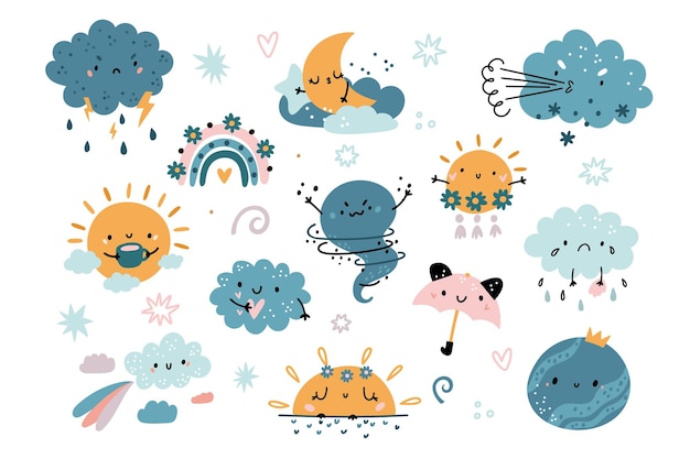 Schöne wetterelemente lustige ikonen der meteorologie regenwolken charaktere baby-stil