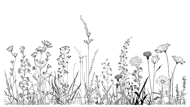 Vektor schöne wilde blumen auf dem feld handgezeichnete skizze vektorillustration