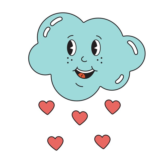 Vektor schöne wolke im retro-cartoon-stil verliebt mit regen aus den herzen schöner valentinstag romantisches konzept im groovy stil