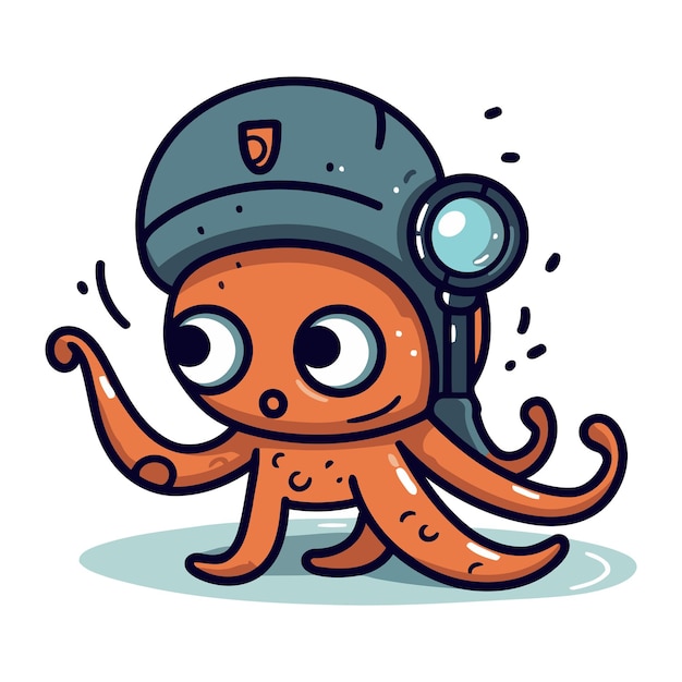 Vektor schöne zeichentrickfigur octopus mit helm und brille vektor-illustration