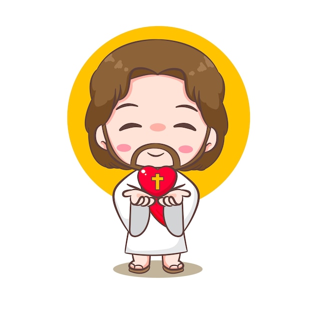Schöne Zeichentrickfigur von Jesus Christus mit einem liebevollen Herzen, handgezeichneter Chibi-Charakter