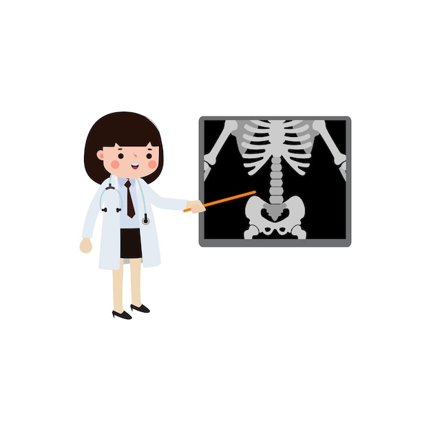 Vektor schöne zeichentrickfilm-asianerin arzt mit röntgenbildschirm, der innere organe und skelett röntgenprüft b