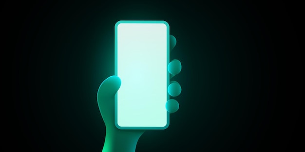 Schöne zeichentrickfilm-hand, die ein smartphone in der hand hält, modernes mockup