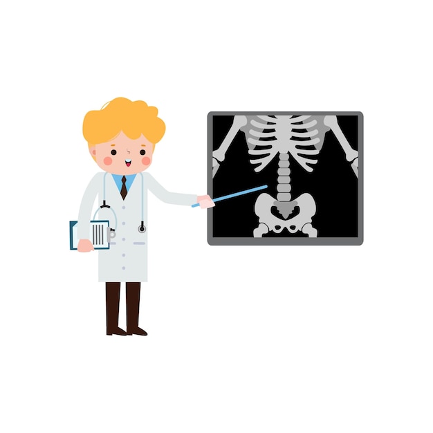 Vektor schöne zeichentrickfilme amerikanischer arzt mit röntgenbildschirm, der innere organe und skelett x-ray-check bo zeigt