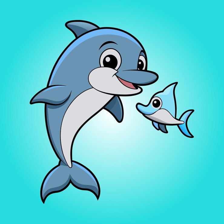 Vektor schöne zeichentrickfilme mit einem delfin, der einen fisch hält