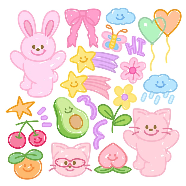 Schöne zeichnungen von kaninchen, schmetterlingen, katzen, kirschen, avocado, pfirsich, rosa band, wolkenblumen