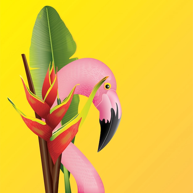 Schöner flamingo mit tropischem blatt-hintergrund für sommer