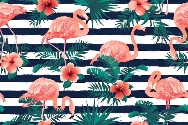 Schöner flamingo-vogel-tropischer blumen-hintergrund