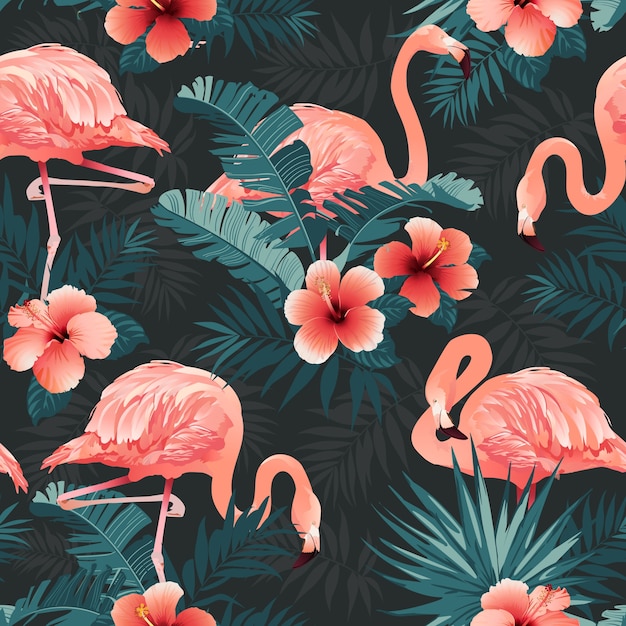 Schöner Flamingo-Vogel und tropischer Blumen-Hintergrund