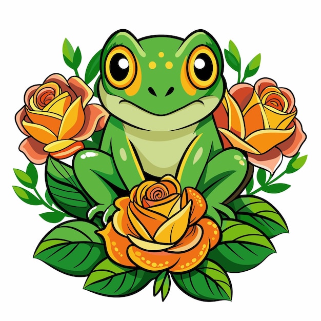 Schöner frosch mit rosen auf weißem hintergrund vektor-illustration