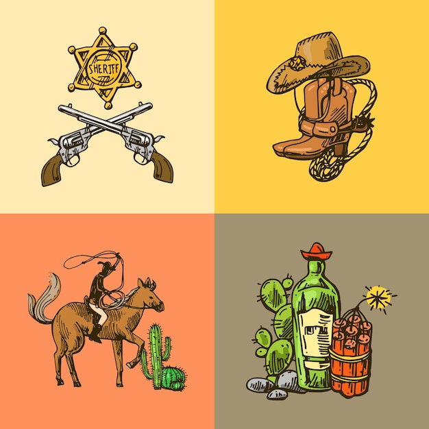 Schöner handgezeichneter illustrationssatz wilder westen cowboy im cartoon-stil